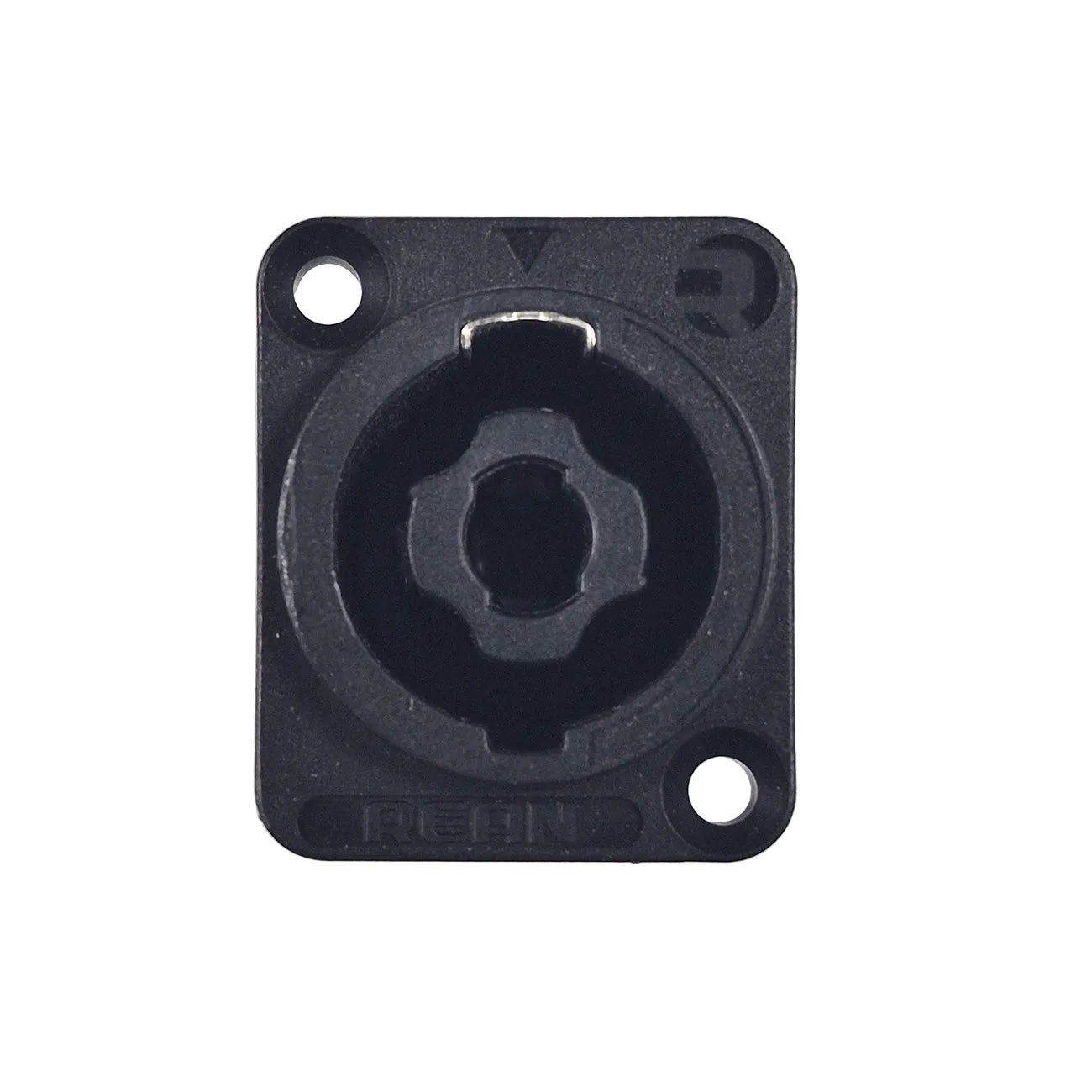 Black plastic component with circular opening and two holes on a white background