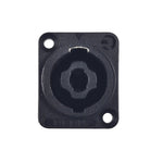 Black plastic component with circular opening and two holes on a white background