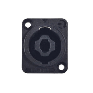 Black plastic component with circular opening and two holes on a white background