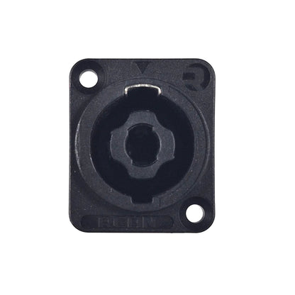 Black plastic component with circular opening and two holes on a white background