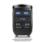 A black portable PA speaker system shown from the front on a white background, with two wireless microphone receiver modules attached. The front panel features blue digital displays, multiple rotary knobs, and various input/output ports.