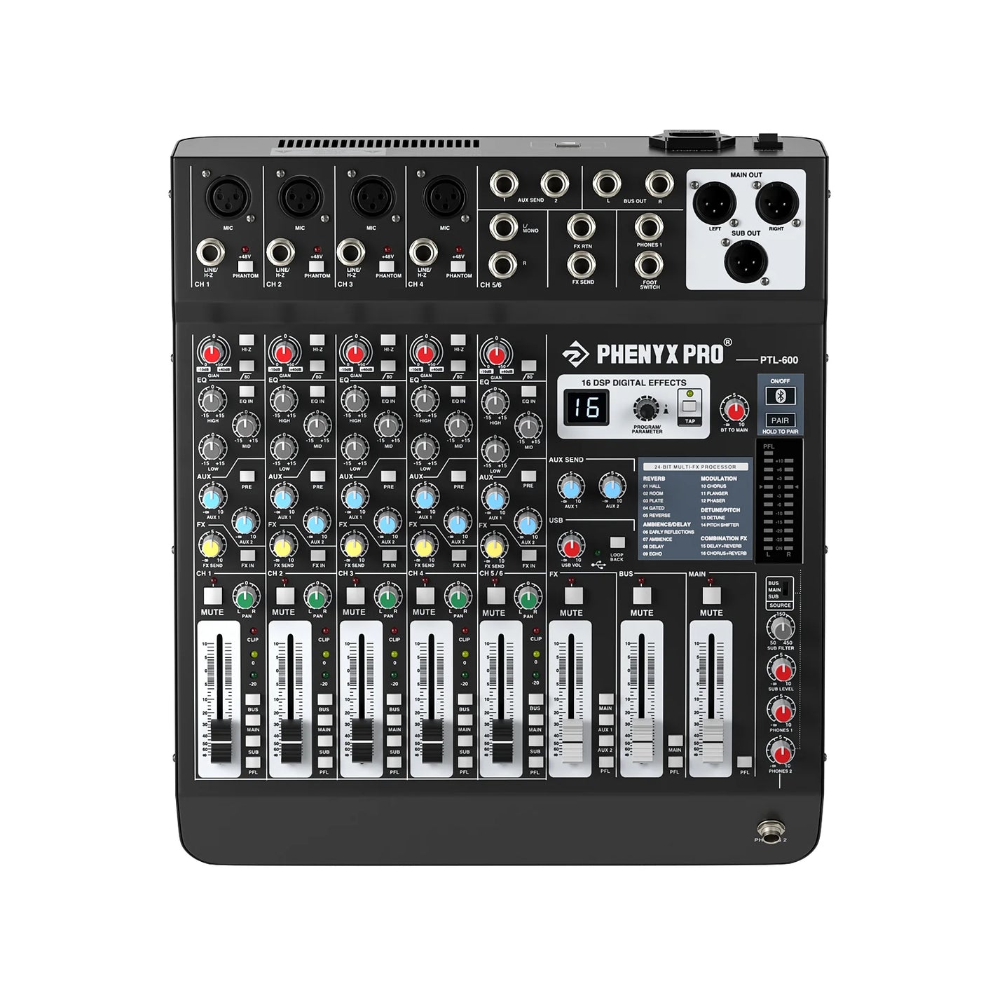 6 Channel Audio Mixer with Bluetooth USB | Phenyx Pro PTL-600