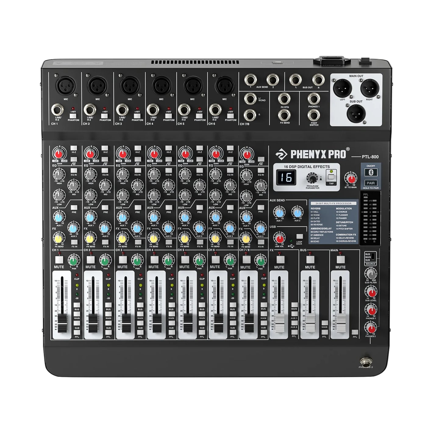 8 Channel Audio Mixer with Bluetooth USB | Phenyx Pro PTL-800